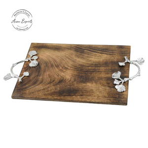 "Elegante bandeja de madera para servir con asas plateadas, duradera y elegante, perfecta para cenar o entretenerse, 14x10 pulgadas" - Product Image 6