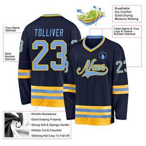 Jersey de Hockey sobre Hielo Personalizado para Hombre, Azul Marino con Rayas Amarillas, Impresión por Sublimación, Transpirable, de Secado Rápido, que Absorbe la Humedad - Product Image 6