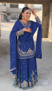 Nuevo diseñador bohemio Casual Chinon Sharara traje pesado elástico bordado trabajo lindo sólido completo puntada secuencia tejido - Product Image 4