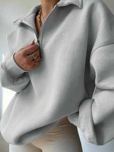 Sudadera gris claro de gran tamaño con media cremallera, jersey de lana de algodón con cuello alto, hombros caídos, ropa de calle informal holgada Unisex - Product Image 4