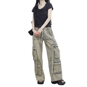Men's Stonewashed Cargo Pants Wide Leg High Waist Elastic Waist Multiple Pockets Workwear Style Drawstring Closure <b>Canvas</b> - Product Image 3