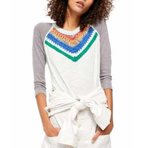 Top da donna Free People con stampa floreale e punto all'uncinetto, blusa in maglia a maniche corte, stile formale, colore blu navy, taglia L, per la primavera - Product Image 1