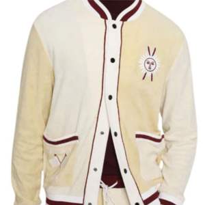 Chaqueta universitaria amarilla Apres Ski Cabana Jacket Tela de rizo de algodón orgánico con acanalado de rayas universitarias y bordado personalizado - Product Image 6