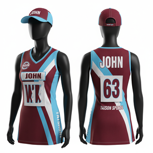 Maillot de netball premium pour femme, 155 GSM, en maille polyester légère, avec empiècements latéraux marron, bleu ciel et blanc, logo personnalisé thermocollé - Product Image 1
