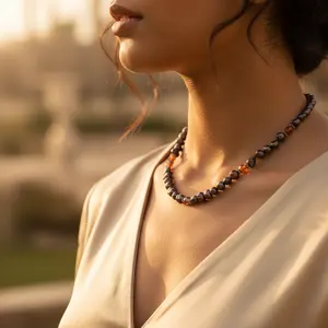 Women's <b>Black</b> Freshwater <b>Pearl</b> <b>Necklace</b> with Garnet Beads - Product Image 1