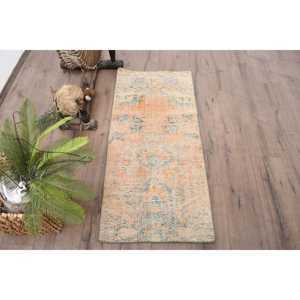 พรมวินเทจขนาด 1.8x4.1 ฟุต พรมตุรกีขนาดเล็ก พรมลายต้นไม้และพืชสีส้มน้ำเงิน - Product Image 1