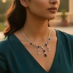 925 <b>Silver</b> <b>Necklace</b> <b>for</b> <b>Women</b> with Colorful Gemstones Beaded <b>Chains</b> Gold and Rhodium Plating <b>for</b> Wedding or Gift - Product Image 2