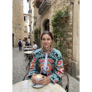 Samarkand Bloom Outerwear Hand-Embroidered Suzani <b>Jacket</b> in Sage Green with <b>Coral</b> Pomegranates Ready for Spring - Product Image 5