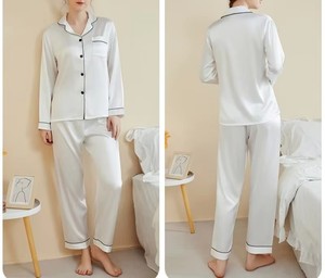 Venta al por mayor de pijamas de seda personalizados con mangas largas y pantalones largos de alta calidad causal transpirable logotipo personalizado ropa de dormir para mujer - Product Image 2