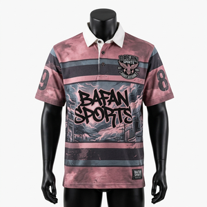 T-shirt de rugby pour homme, tissu polyester de haute qualité, panneau rayé rose et gris, logo sublimé personnalisé, polos de rugby pour homme - Product Image 5