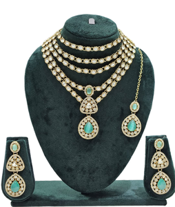 La mayoría de la joyería de moda para mujer, función de boda, piedra Kundan tachonada con conjunto de joyas largas chapadas en oro antiguo, pendiente y Mangtika - Product Image 5