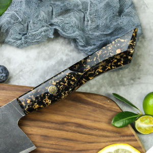 Couteaux de chef professionnels PRESTIGE BLADES, fabrication sur mesure en gros, OEM ODM, acier Damas, manche en résine avec feuille d'or, ambidextre - Product Image 4