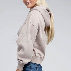 Venta al por mayor de OEM Servicio Ligero 100% algodón lavado con ácido Sudadera con capucha para las mujeres de color sólido cuello con capucha para la temporada de otoño - Product Image 3