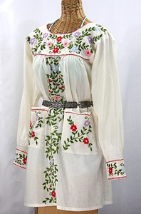 Vestido blanco bordado de manga corta hasta la rodilla para mujer, ropa mexicana - Product Image 4