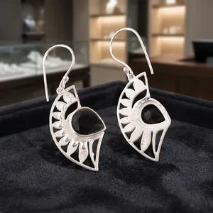 Women’s 925 Sterling Silver Bohemian Drop <b>Earrings</b> Geometric Pattern <b>Black</b> Onyx Bezel Set Handmade <b>Dangle</b> <b>Earrings</b> Everyday - Product Image 5