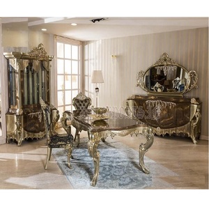 Ensemble de salle à manger classique européenne 6 places Mobilier en bois de teck sculpté à la main Ensemble de salle à manger exclusif 6 places - Product Image 1