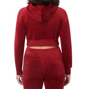 2026 Women's Cropped <b>Hoodie</b> Heavyweight <b>Velour</b> Plain Velvet Pullover Sweatshirt Elastic Hem Custom Logo Solid Blank Warm Badge - Product Image 3
