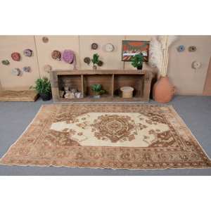 พรมขนสัตว์สีน้ำตาลเบจแบบตะวันออกขนาด4.9x7.8ฟุตแนววินเทจสไตล์ตุรกีผืนใหญ่งานเย็บปะติดสี่เหลี่ยมผืนผ้าขนาดใหญ่พรมแอบสแตรกสำหรับห้องโถงห้อง - Product Image 4