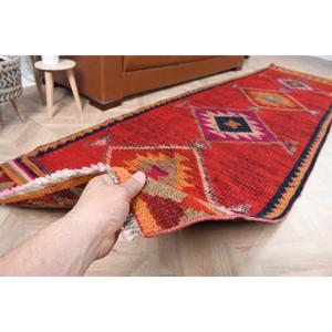 3.2x11.6 ft Rug, Vintage Turkish Rug, <b>Red</b> Herki <b>Wool</b> Rug - Product Image 3
