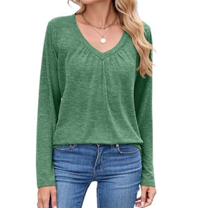 High Quality 100% Cotton Knitted <b>Women</b> <b>Long</b> Sleeve V-Neck <b>T</b>-<b>Shirt</b> Button Custom Logo Unique Design Soft Breathable BD Supplier - Product Image 1