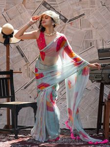 Sari indio de lino y algodón de Bollywood con hermoso estampado digital hecho a mano, elegante para bodas y fiestas, para mujer. - Product Image 4