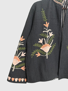 Hand Embroidered Floral Mandarin Collar Jacket Full Sleeve Cotton Woven Prairie Chic Style Adult Women'<b>s</b> Autumn Wear - Product Image 3