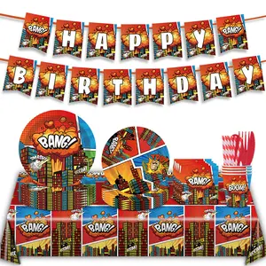 Celebrate Like a Superhero City Heroes Birthday Party Pack with Paper Dessert Dinner Plate Beverages Cup Table Decorations