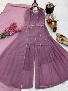 Nouveau concepteur fête haut Palazzo & Dupatta ensemble renard Georgette broderie séquence cou rond lancement Kurti-Sarara lancement - Product Image 5