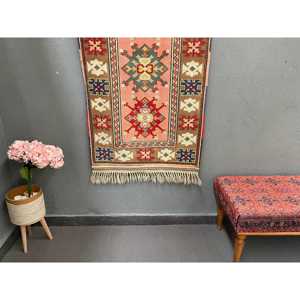 Turkish Small Rug 2.6x4.6 ft, <b>Red</b> Moroccan Vintage <b>Wool</b> Rug - Product Image 1