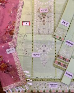 ROBE PAKISTANE VERT CLAIR ET COULEUR PÊCHE CHEMISE COTTON LAWN SOIE DUPATTA HAUTE QUALITÉ SALWAR KAMEEZ GARARA BY WS INTERNATION - Product Image 4