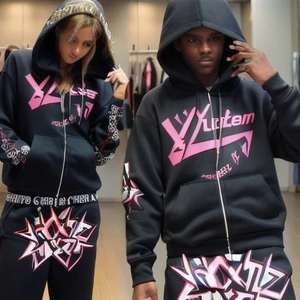 Sudaderas con cremallera de 500GSM, pantalones acampanados con estampado de pantalla, conjunto de chándal para hombre, Sudadera con capucha y pantalones de chándal de 2 piezas apilados de peso pesado - Product Image 4