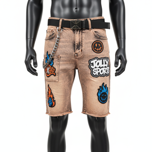 Acid Wash Denim <b>Shorts</b> Heavy Cotton Denim Raw Hem Streetwear Custom Chenille Embroidery <b>Patch</b> Logo <b>Men</b> Acid wash <b>men's</b> <b>shorts</b> - Product Image 6