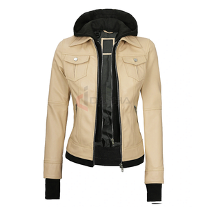 Blouson aviateur en cuir respirant pour femmes Technique lavée Sweat à capuche de moto pour femmes avec remplissage en coton confortable et élégant - Product Image 6