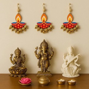 Small Deepak Wall Hanging, Golden Star Beads, Indian Pooja Backdrop, Diwali Decor, Ganpati Pooja Decor, Navratri Diya Decor - Product Image 1