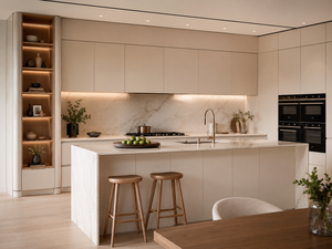 Ensemble d'armoires de cuisine modernes de luxe en laque <span class=keywords><strong>blanche</strong></span> avec îlot en marbre cascade sans joint et unités de meubles de cuisine sans poignées - Product Image 5