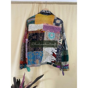 Chaqueta vaquera de algodón y seda de talla grande, chaqueta Kantha Vintage de retales, abrigo hecho a mano para casa de verano, botón multicolor - Product Image 4