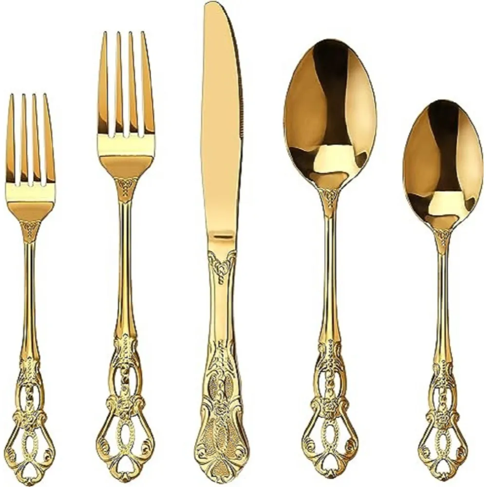 تصميم تراثي مصنوع يدويًا في الهند بيع بالجملة بسعر منخفض أدوات مائدة معدنية بشعار مخصص طقم أدوات تقديم طعام ذهبي للشائع حول العالم