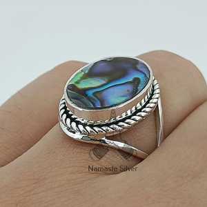 <b>Abalone</b> Silver Ring Boho Handmade Inlay Paua <b>Shell</b> Ring Licensed Private Gift for Her Featuring Unique Bohemian Style Jewelry - Product Image 6
