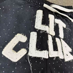 Pantalones cortos de verano personalizados con diamantes de imitación y cordón para el sudor, pantalones cortos lavados con ácido y bordado desgastado Vintage para correr en blanco - Product Image 3