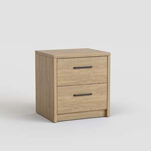 Modern 2 Drawer Nightstand in Oak Finish, Minimalist Wooden Bedside <b>Table</b> with Black Handles, Compact <b>Storage</b> <b>End</b> <b>Table</b> for Bedr - Product Image 2