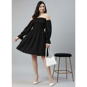 Vestido de Fiesta Elegante Deebaco para Mujer, Color Bronceado, Largo por Encima de la Rodilla, Hombros Descubiertos, Corte en A, Cintura Imperio, Manga Larga, Sólido, de Rayón Lavable - Product Image 1