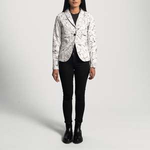 White Knitted Leather Blazer with <b>Single</b> Button Closure Print & Embroidery Plus Size - Product Image 4
