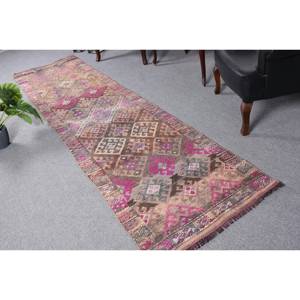 Tapis turc vintage de 27x11 pieds, rose et marron, tapis plat en laine tissée avec support en latex pour décorations de salon - Product Image 1