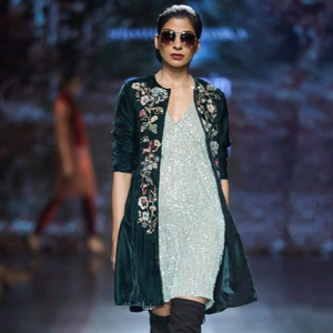 ELEGANT EMBROIDERY ON LONG JACKET WITH SHORT DRESS EMBELLISH OF CRYSTAL BEADS ,PEARLS,GLASS STONE WORK FOR PARTY-WEAR @ 2022 - Product Image 1