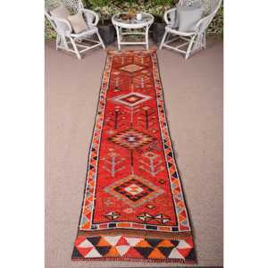 Turkish Rug, 2.6x10.8 ft <b>Runner</b> Rug, <b>Red</b> Orange Herki Wool Rug - Product Image 1