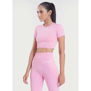 M Fitness Pink Crew Neck Tank <b>Top</b> Girls Nine Quarter Sleeve Solid Color Yoga <b>Top</b> Eco-Friendly Breathable Spandex Polyester - Product Image 3