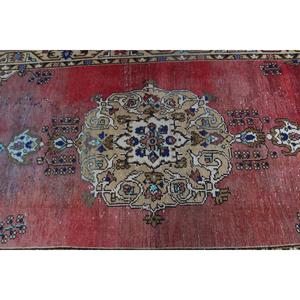 Tapis turc vintage, grand tapis de 4,3 x 9,6 pieds, tapis en laine Ikat rouge et bleu - Product Image 5