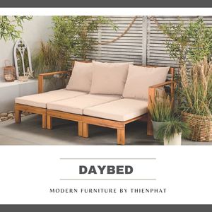 Canapé de jardin extensible en bois d'acacia beige avec coussins, 3 places, convertible, moderne, fauteuil de détente - Product Image 4