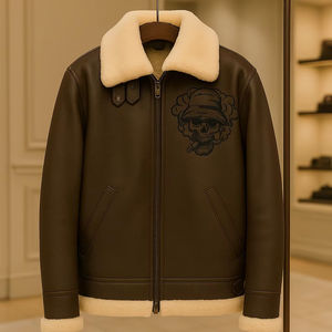 Premium Quality <b>Men's</b> Brown <b>Shearling</b> Leather Bomber <b>Jacket</b> Winter Smart Skull Print Stylish Winter Wear Pure Leather <b>Jacket</b> - Product Image 1