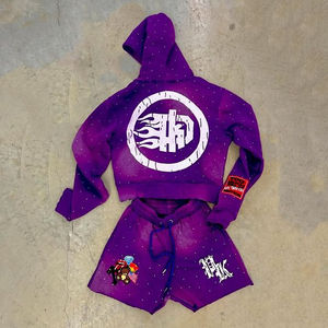 Ensemble sweat à capuche et short 2 pièces délavé à l'acide avec logo personnalisé, 100 % coton, coupe oversize, style streetwear vintage, broderie graffiti imprimée, taille XL - Product Image 5